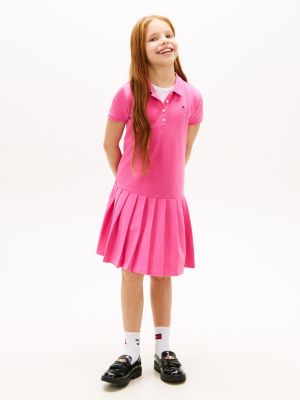 Kids' Pleated Stretch Polo Dress, Radiant Pink