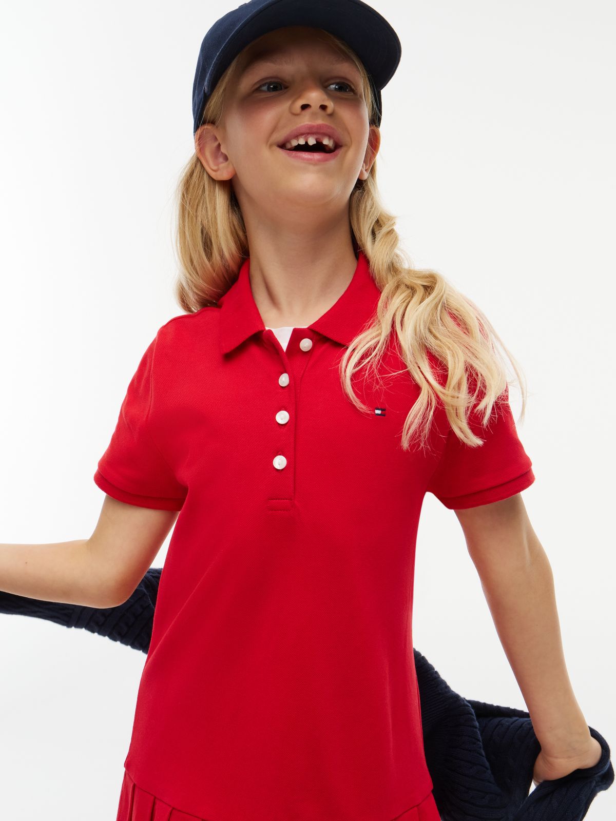 Kids' Pleated Stretch Polo Dress — Primary Red