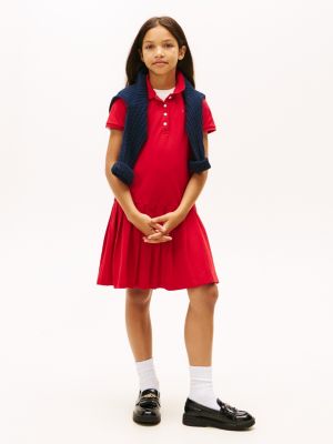 Kids' Pleated Stretch Polo Dress, Primary Red