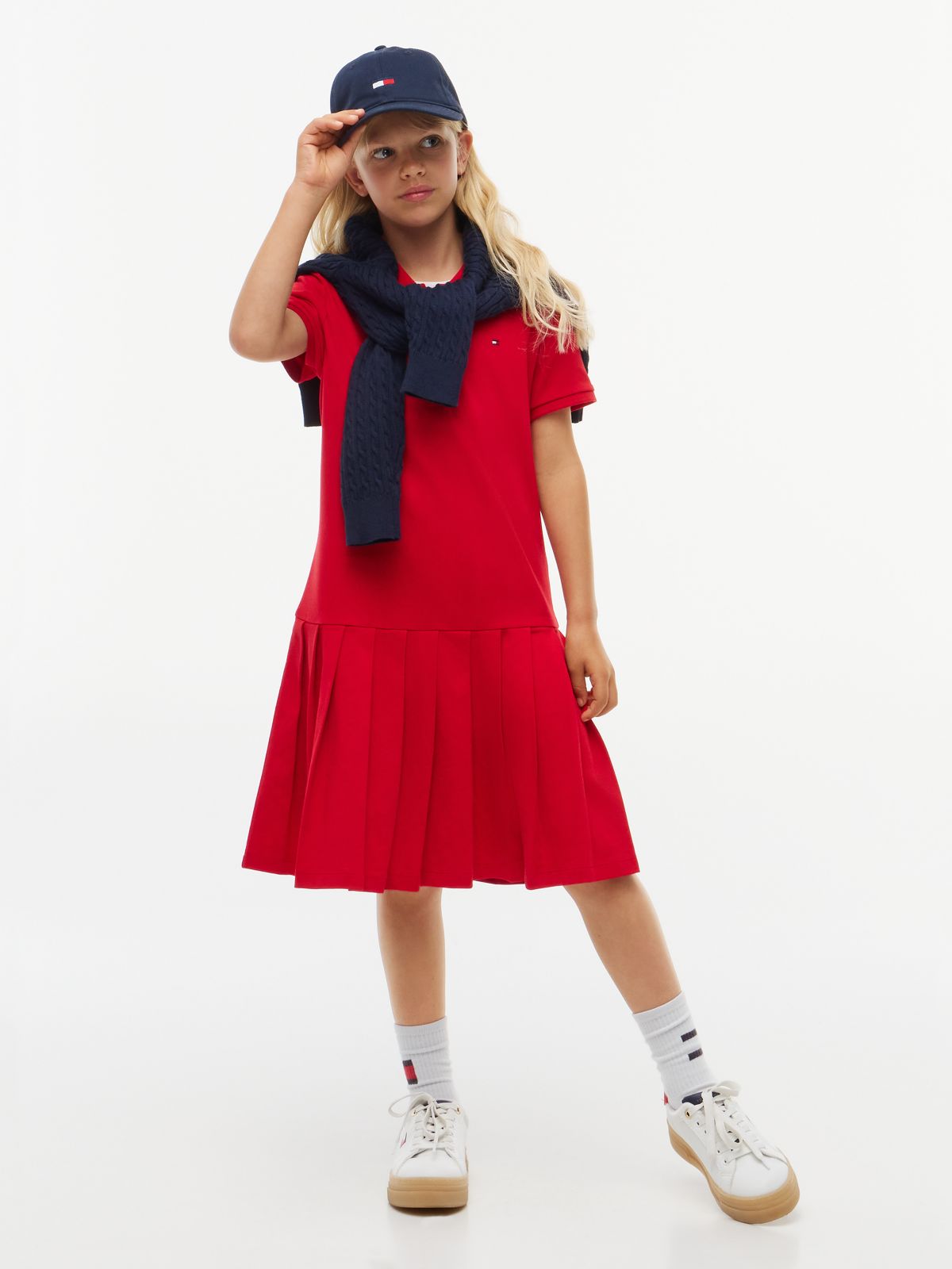 Kids' Pleated Stretch Polo Dress — Primary Red