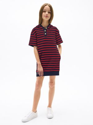 Kids' Short-Sleeve Stripe Hoodie Dress, Primary Red