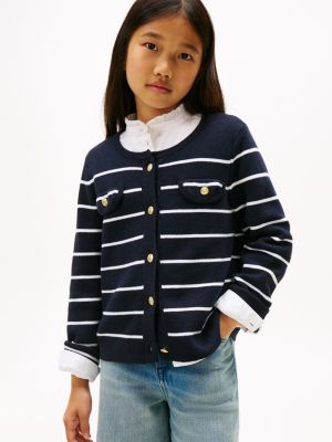 Kids' Stripe Button Knit Cardigan, Navy Blue
