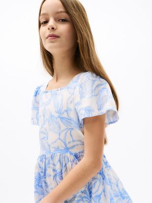 Kids' Floral Print Flutter-Sleeve Dress, Blue Coral