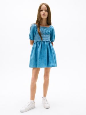 Kids' Puff-Sleeve Chambray Dress, Light Wash