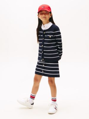 Kids' Gold Button Stripe Sweater Skirt, Navy Blue