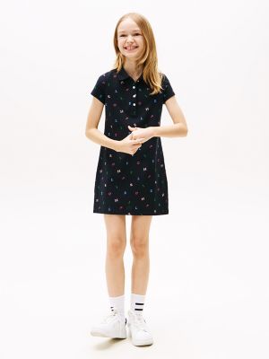 Kids' Allover Logo Letter Polo Dress, Navy