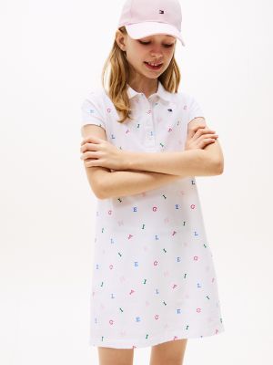 Kids' Allover Logo Letter Polo Dress, Optic White