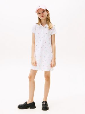 Kids' Allover Logo Letter Polo Dress, Optic White