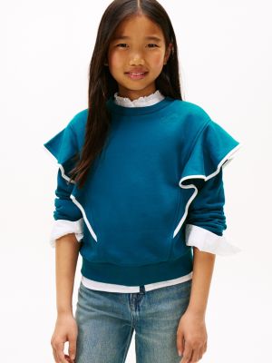 Kids' Ruffle Trim Fleece Sweatshirt, Midnight Turquoise