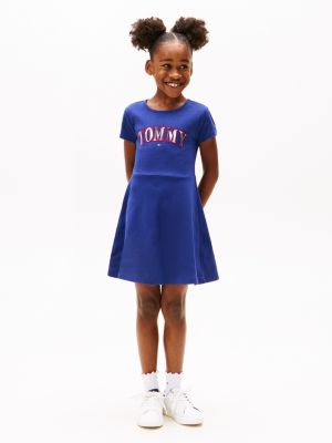 Kids' Ponte Metallic Tommy Logo Dress, Blue Ink