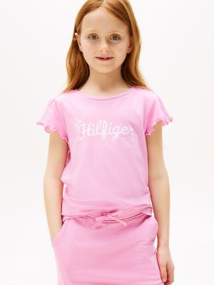T-shirt à fleurs scintillantes pour enfants, rose fuchsia
