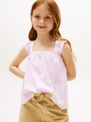 Kids' Tropical Print Ruffle Tank Top, Optic White