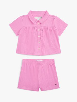 Babies' Crinkle Shirt & Short Set, Fuchsia Pink