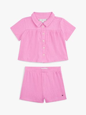 Babies' Crinkle Shirt & Short Set, Fuchsia Pink