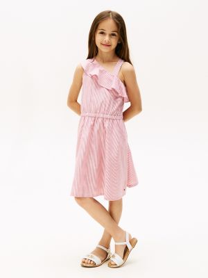 Kids' Shimmer Stripe Asymmetric Dress, Primary Red