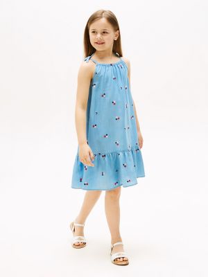 Kids' Allover Embroidered Flower Dress, Light Wash