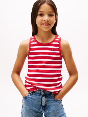 Kids' Stripe Lettuce-Hem Tank Top, Primary Red