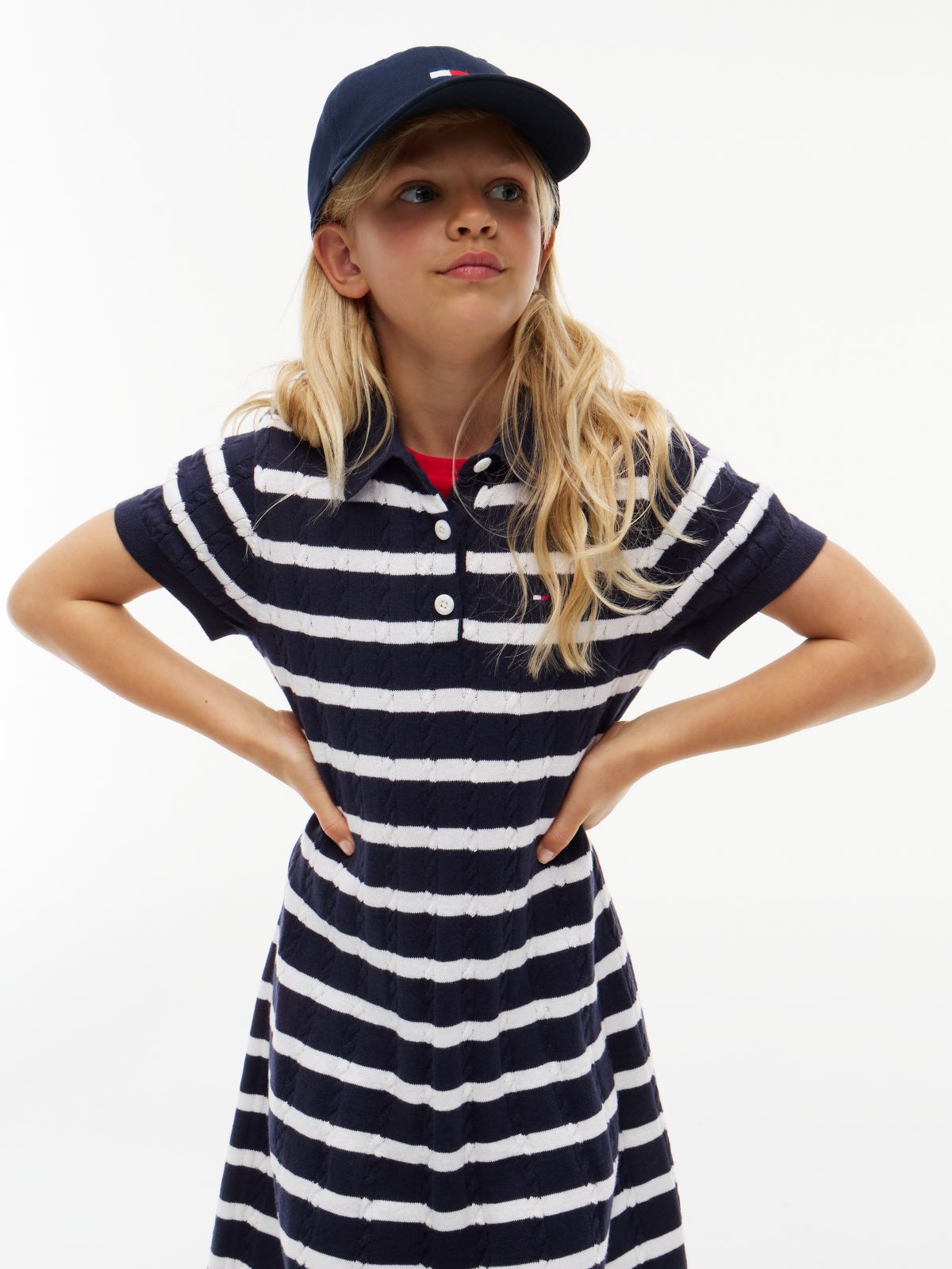 Kids' Stripe Cable Knit Polo Dress — Navy Blue