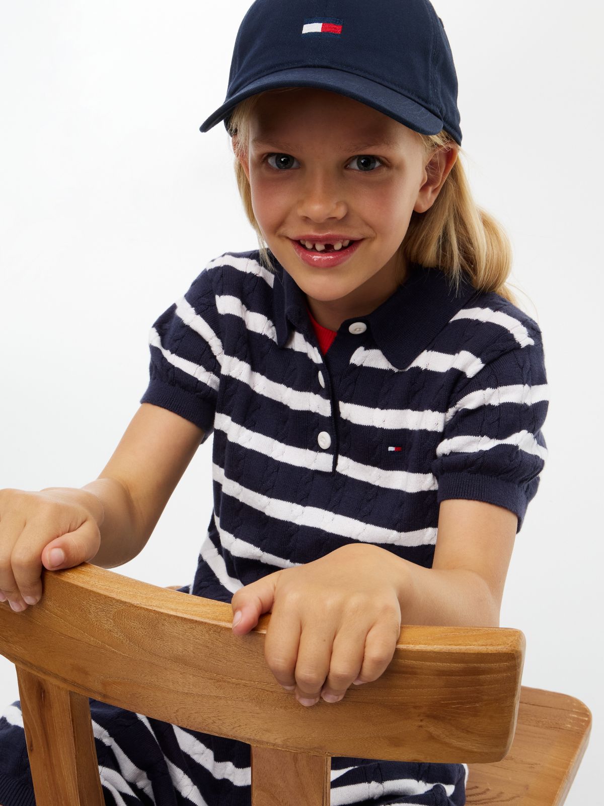 Kids' Stripe Cable Knit Polo Dress — Navy Blue