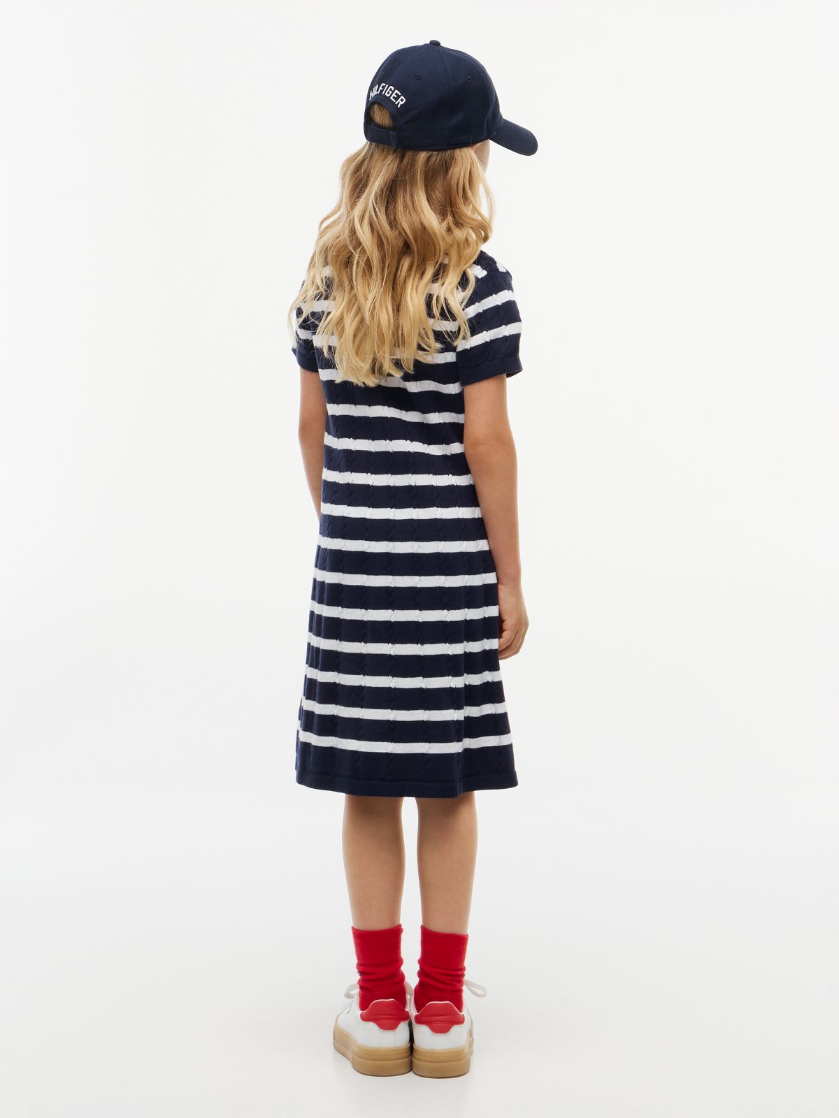 Kids' Stripe Cable Knit Polo Dress — Navy Blue
