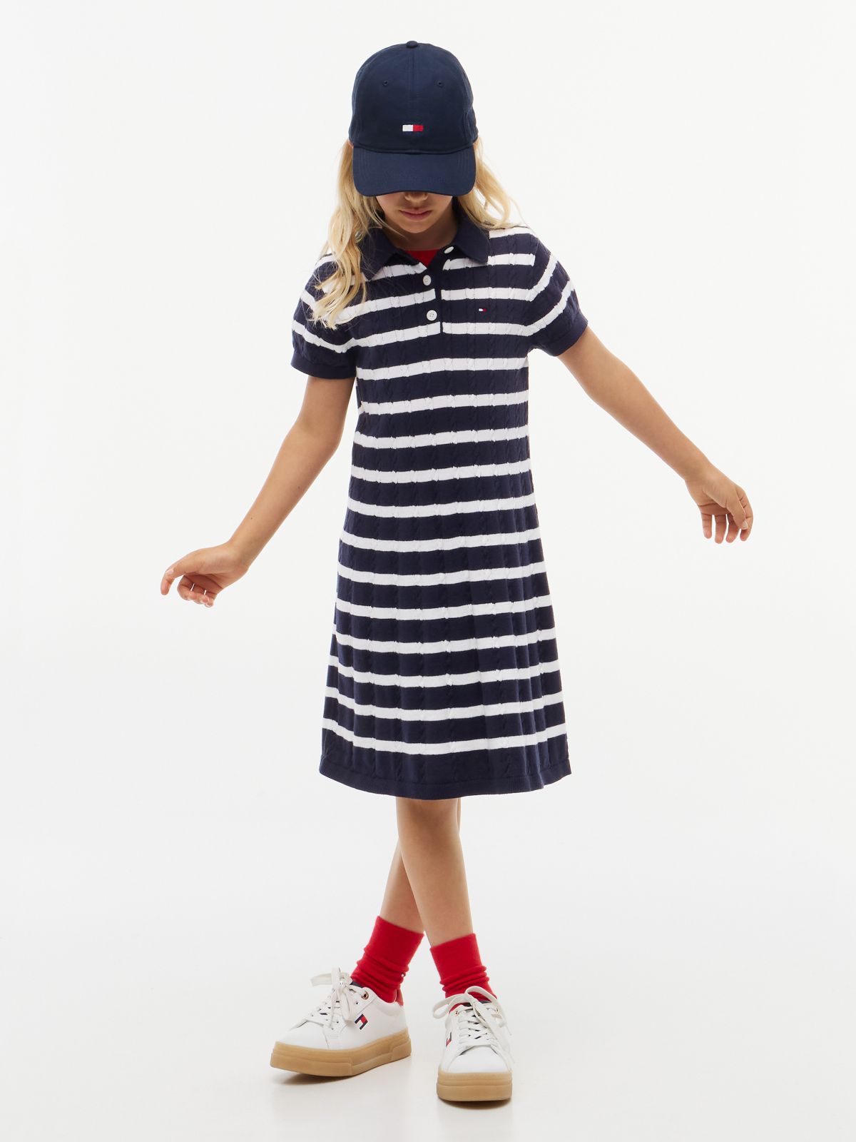 Kids' Stripe Cable Knit Polo Dress — Navy Blue