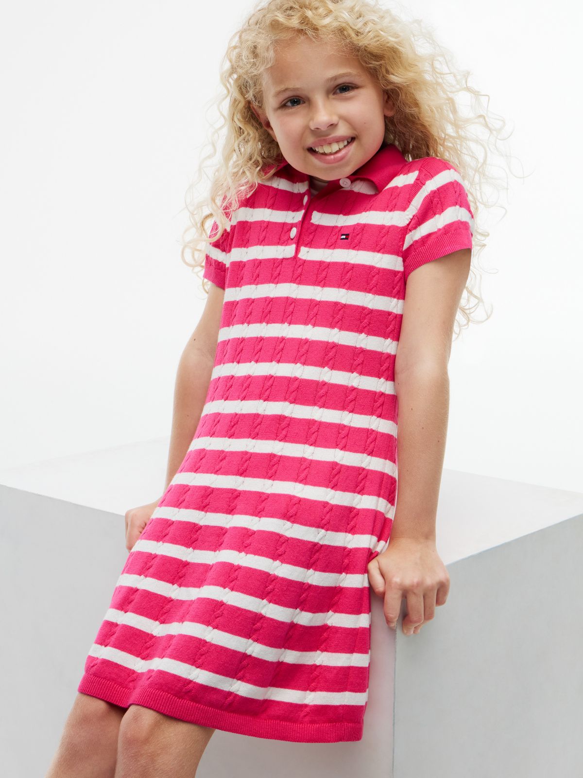 Kids' Stripe Cable Knit Polo Dress — Jewel Pink