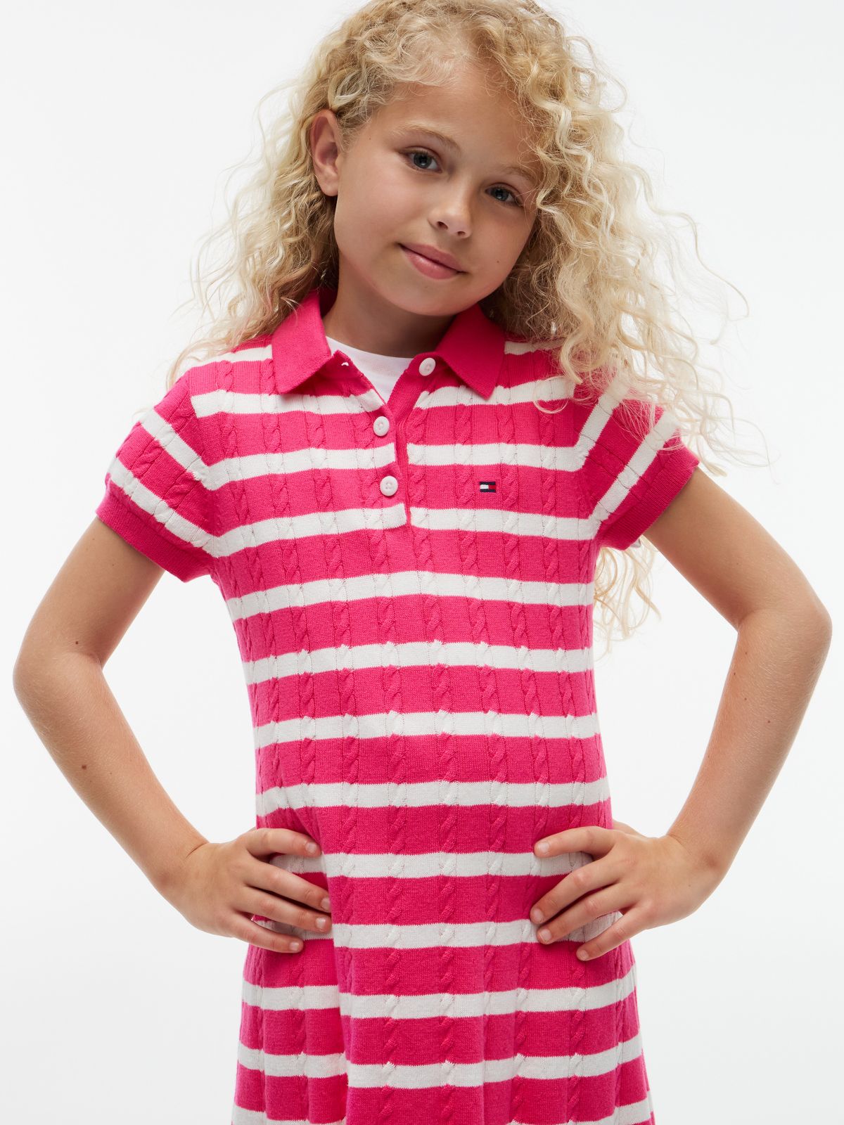 Kids' Stripe Cable Knit Polo Dress — Jewel Pink