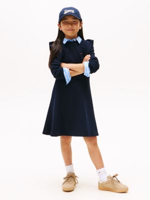 Kids' Ruffle Trim Fit-and-Flare Dress, Navy Blue