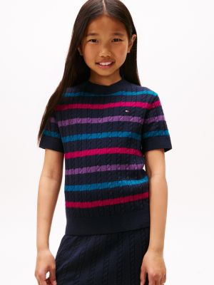 Kids' Stripe Short-Sleeve Cable Sweater, Navy Blue Multi