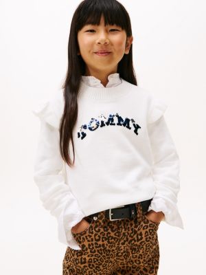 Kids' Sequin Logo Ruffle Sweater, Ecru