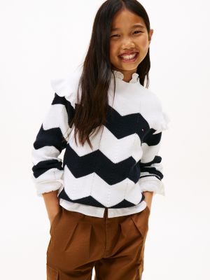 Kids' Chevron Stripe Ruffle Sweater, Ecru