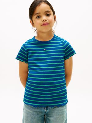 Kids' Stripe Lettuce-Trim Ribbed Top, Deep Indigo