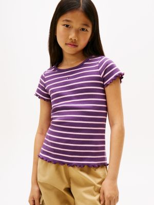 Kids' Stripe Lettuce-Trim Ribbed Top, Midnight Plum