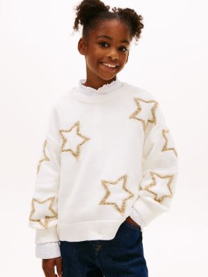 Kids' Intarsia Shimmer Star Sweater, Ecru