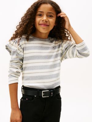 Kids' Stripe Ruffle Trim T-Shirt, Grey Heather