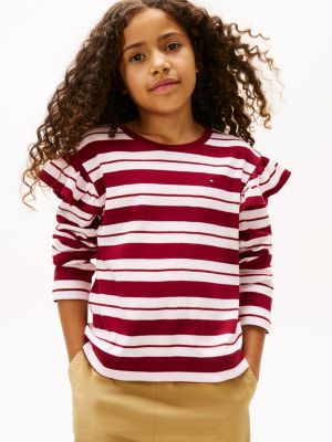 Kids' Stripe Ruffle Trim T-Shirt, Rouge