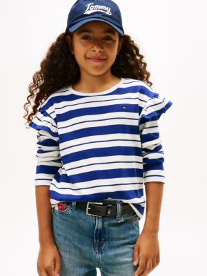 Kids' Stripe Ruffle Trim T-Shirt, Ecru