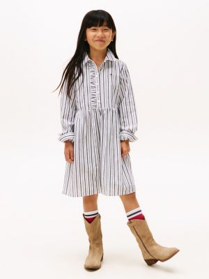 Kids' Stripe Stretch Ruffle Shirtdress, Navy Blue / Optic White