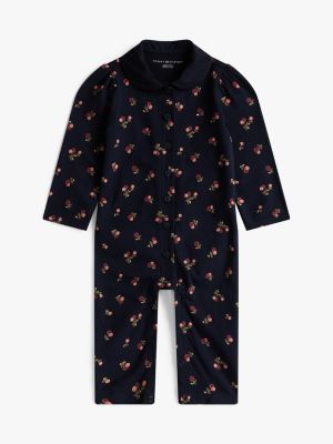 Babies' Floral Print Ruffle Coverall, Navy Blue