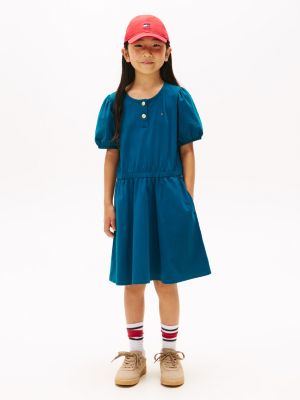 Kids' Short-Sleeve Pleated Dress, Midnight Turquoise