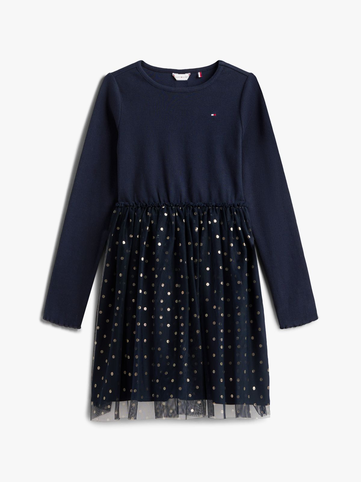 Kids' Long-Sleeve Tulle Ribbed Dress — Navy Blue