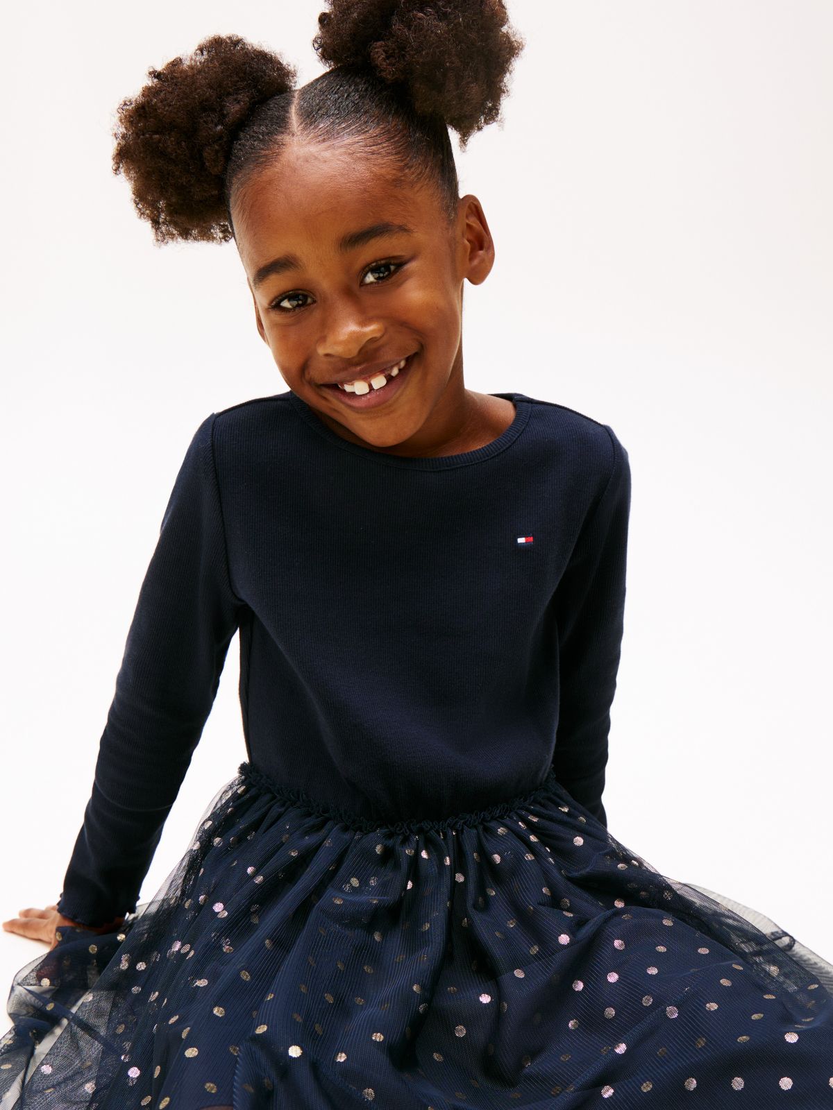 Kids' Long-Sleeve Tulle Ribbed Dress — Navy Blue