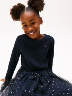 Kids' Long-Sleeve Tulle Ribbed Dress — Navy Blue 2
