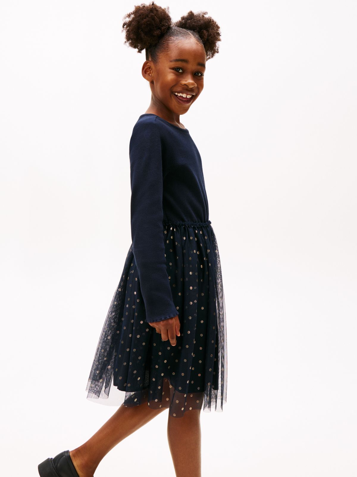 Kids' Long-Sleeve Tulle Ribbed Dress — Navy Blue