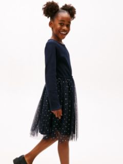 Kids' Long-Sleeve Tulle Ribbed Dress — Navy Blue 3