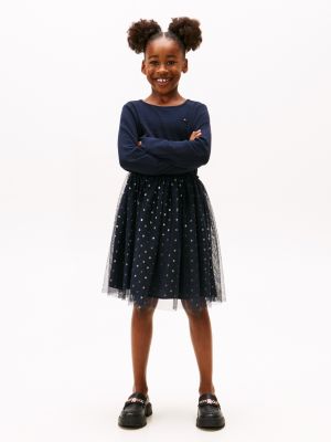 Kids' Long-Sleeve Tulle Ribbed Dress, Navy Blue