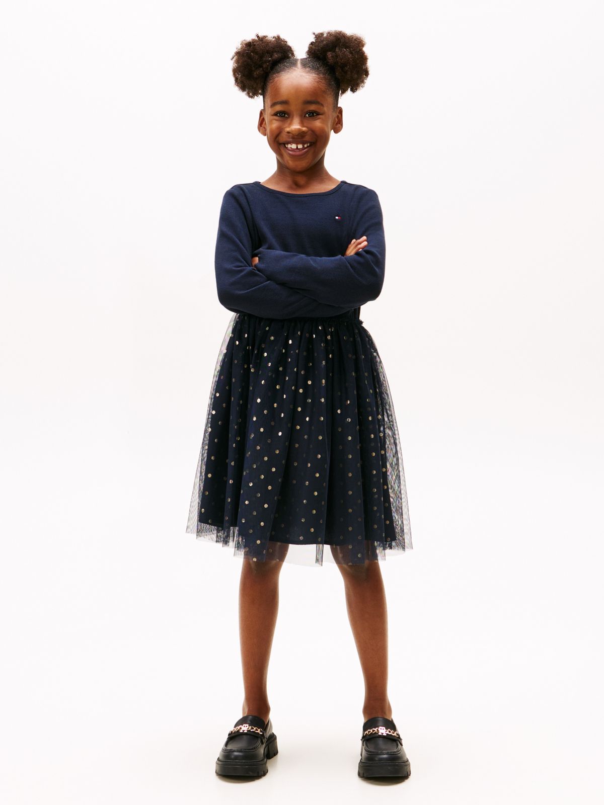Kids' Long-Sleeve Tulle Ribbed Dress — Navy Blue
