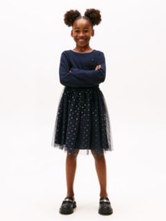Kids' Long-Sleeve Tulle Ribbed Dress — Navy Blue 1