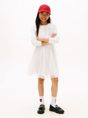 Kids' Long-Sleeve Tulle Ribbed Dress, Ecru