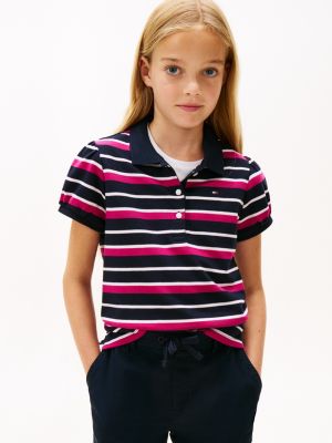 Kids' Stripe Puff Sleeve Stretch Polo, Multi Stripe